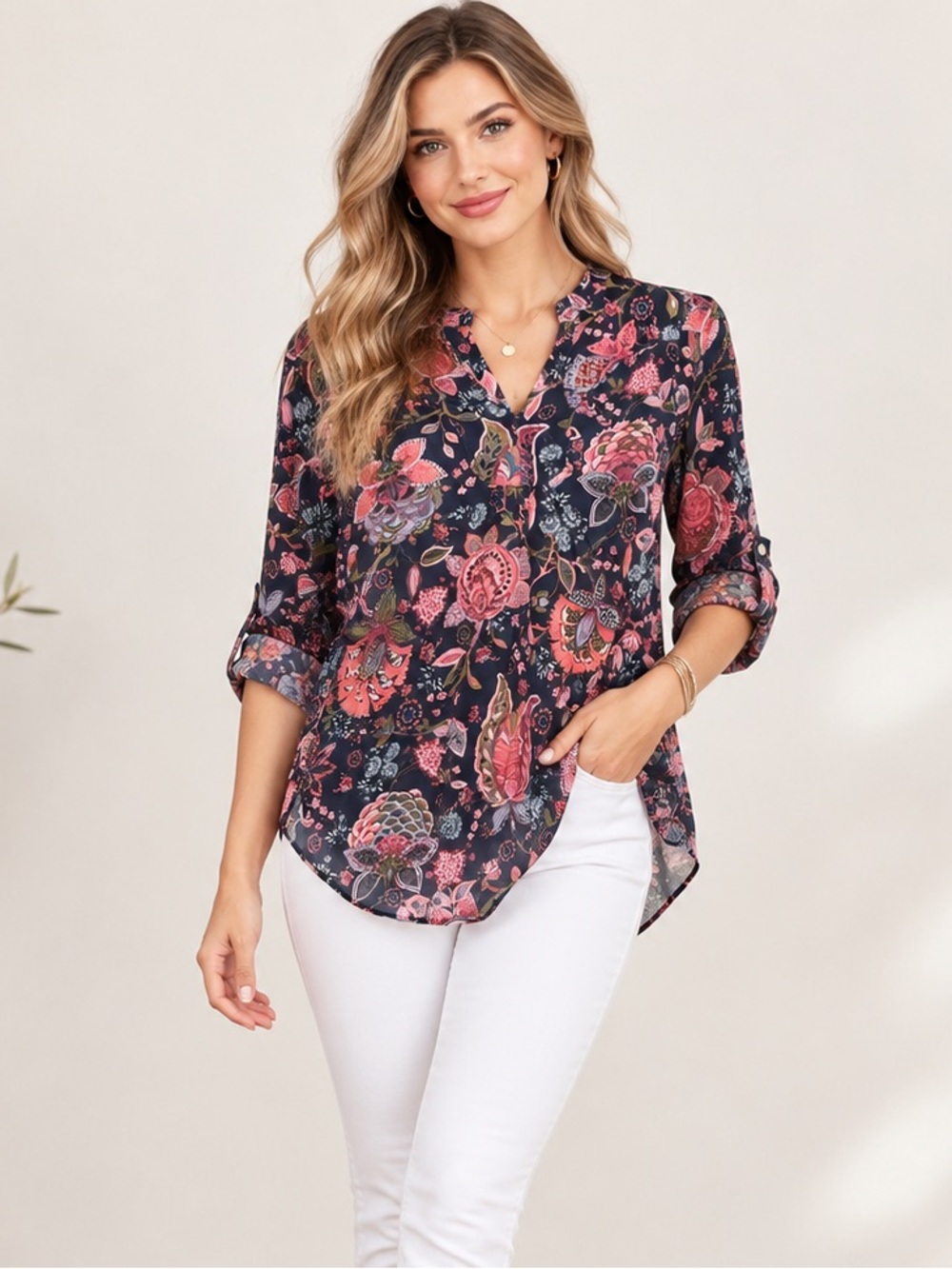 LOFT Allover Paisley Floral Long Sleeve V-Neck Blouse - XS